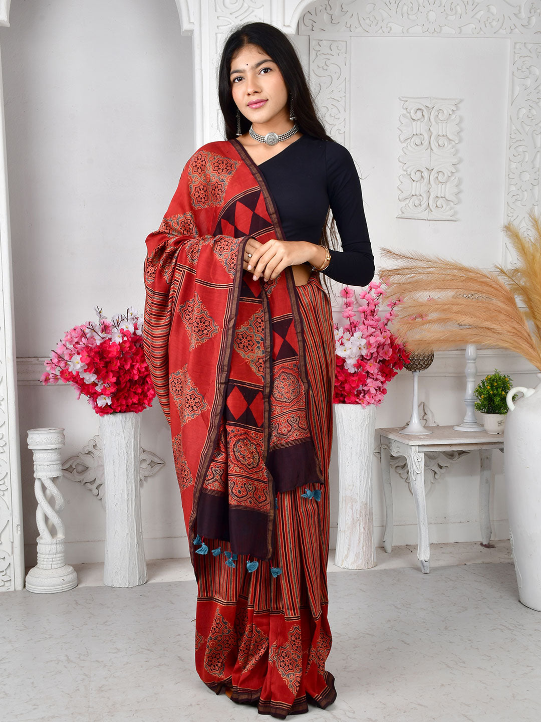 Ajrakh Hand Block Print Chanderi silk saree