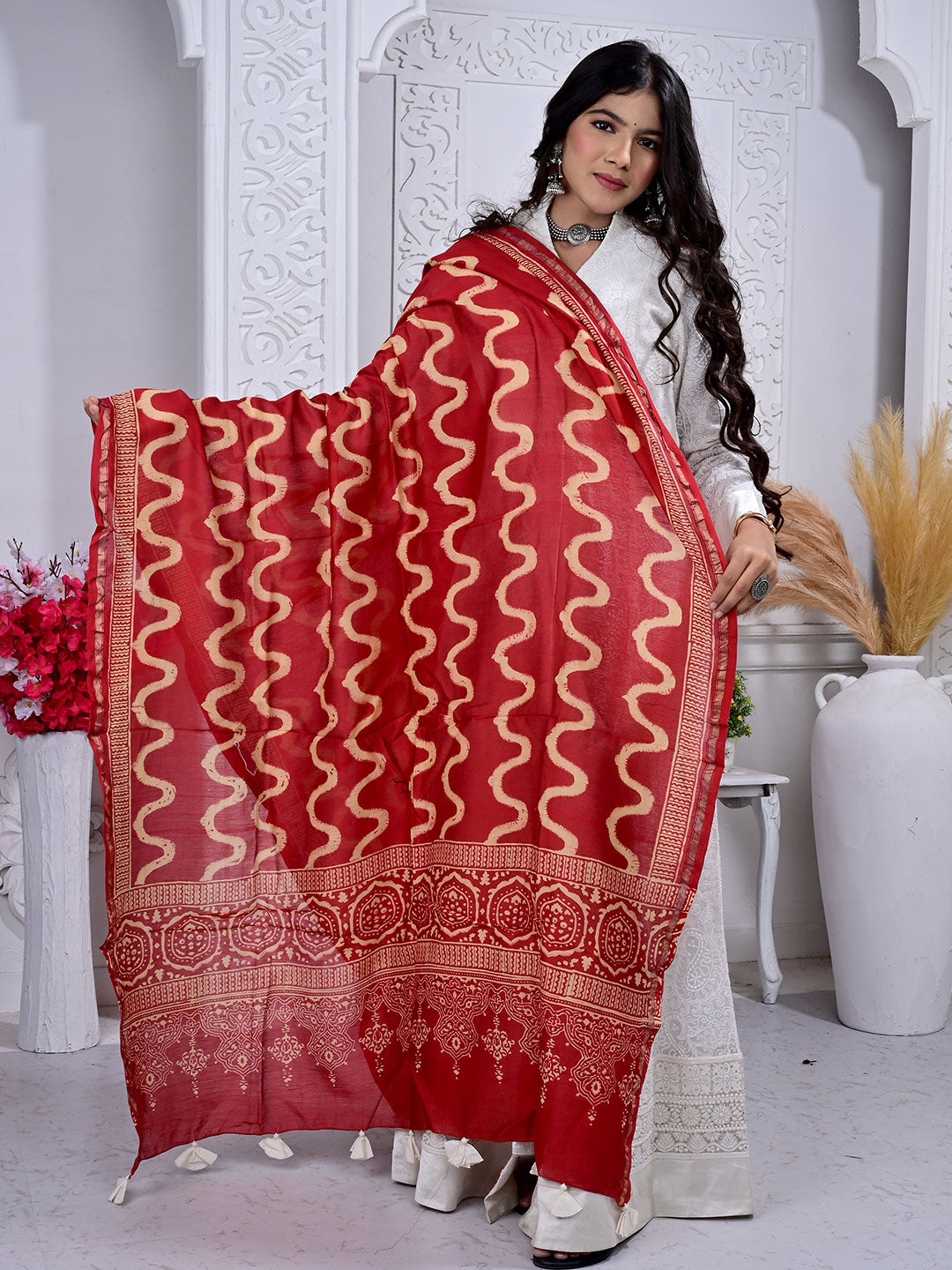 Ajrakh Hand Block Print chanderi Silk Dupatta