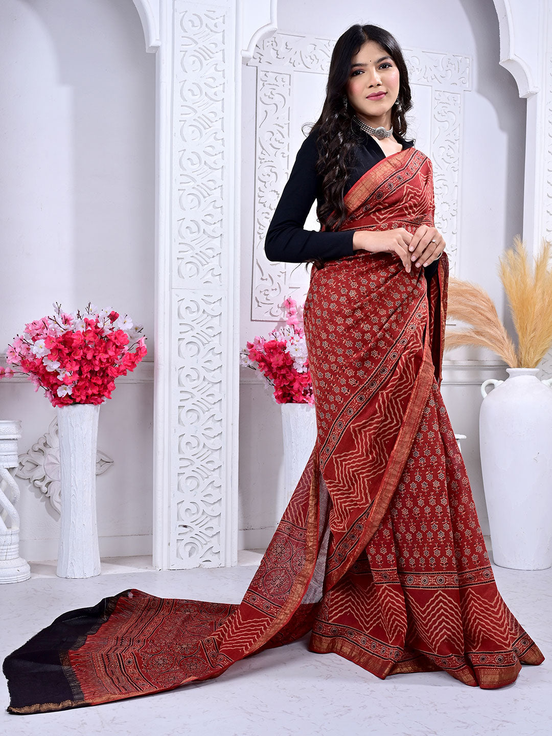 Ajrakh Hand Block Print Maheshwari silk saree