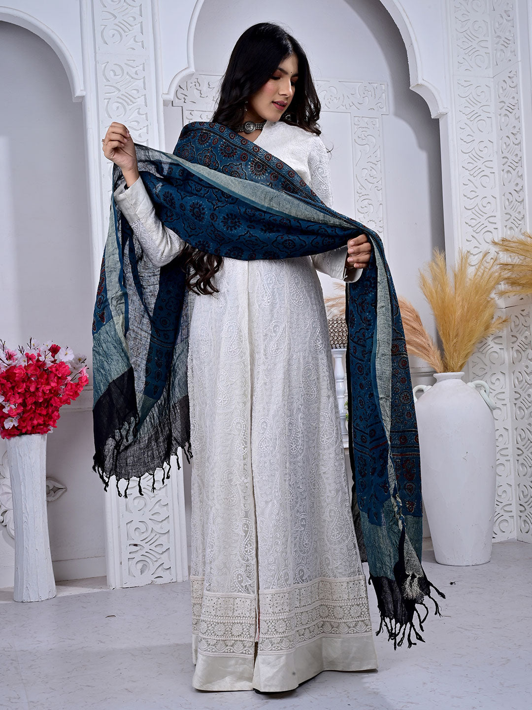 Ajrakh Hand Block Print Linen Dupatta