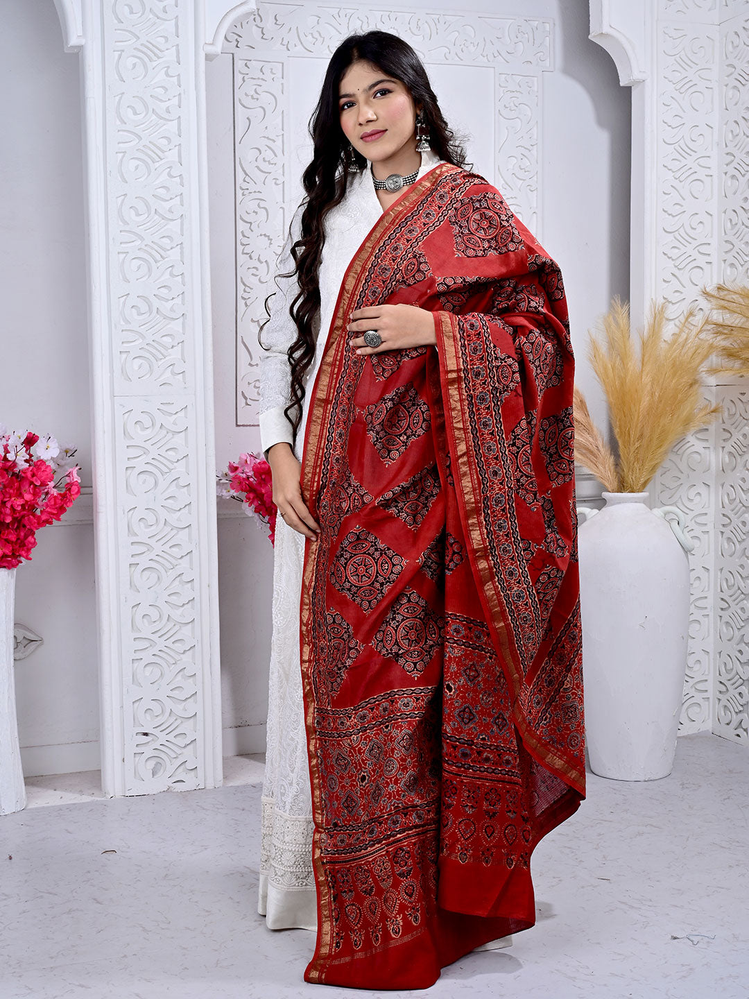 Ajrakh Hand Block Print Maheshwari silk Dupatta