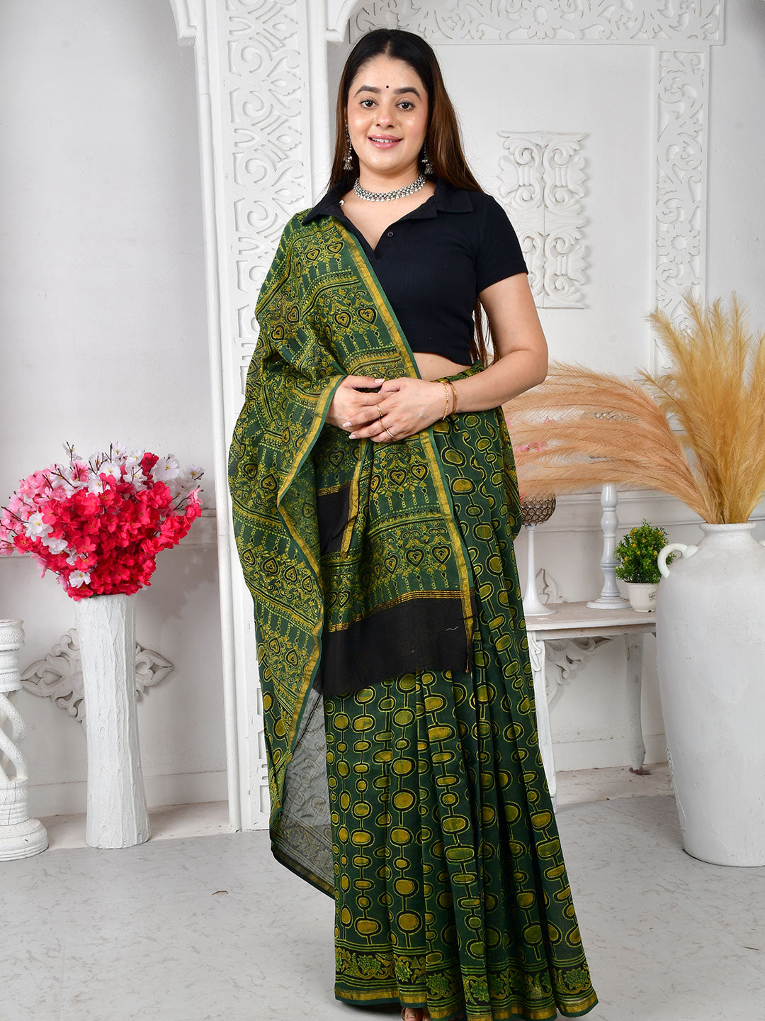 Ajrakh Hand Block Print Chanderi silk saree