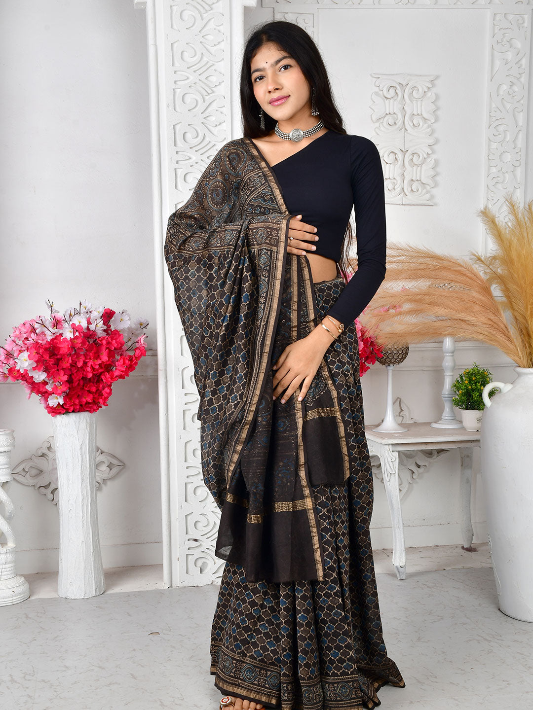 Ajrakh Hand Block Print Chanderi silk saree