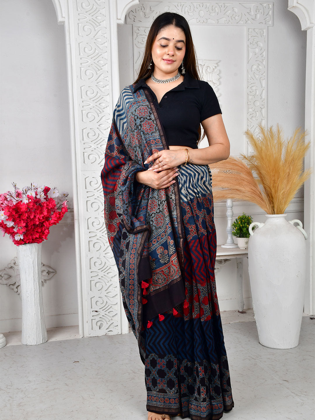 Ajrakh Hand Block Print Chanderi silk saree