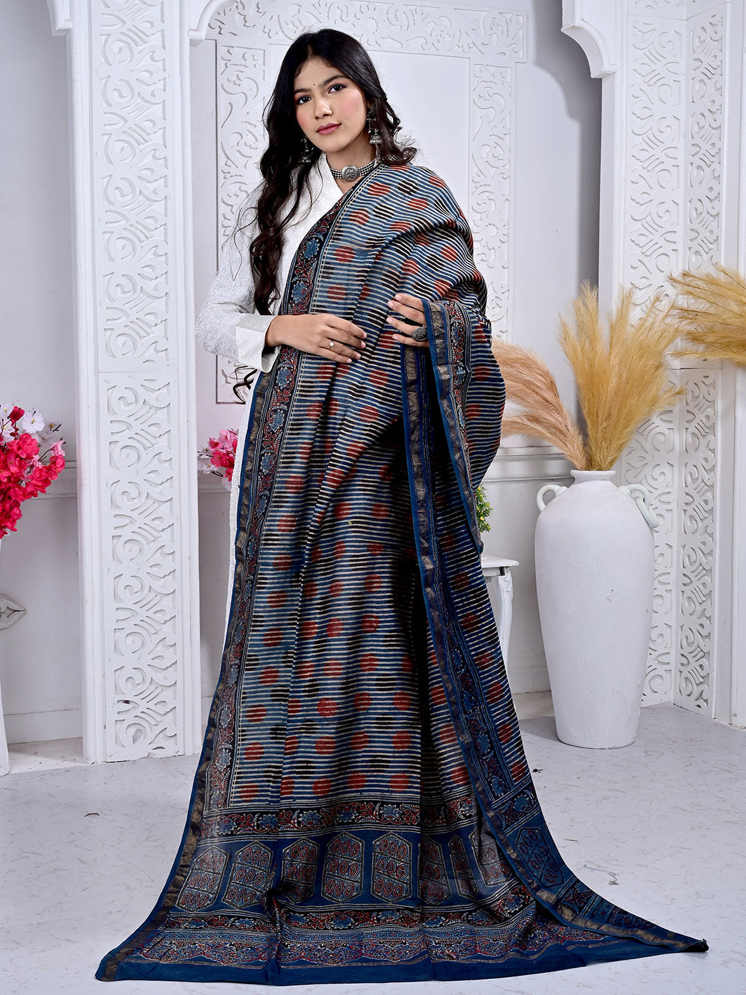 Ajrakh Hand Block Print Maheshwari silk Dupatta