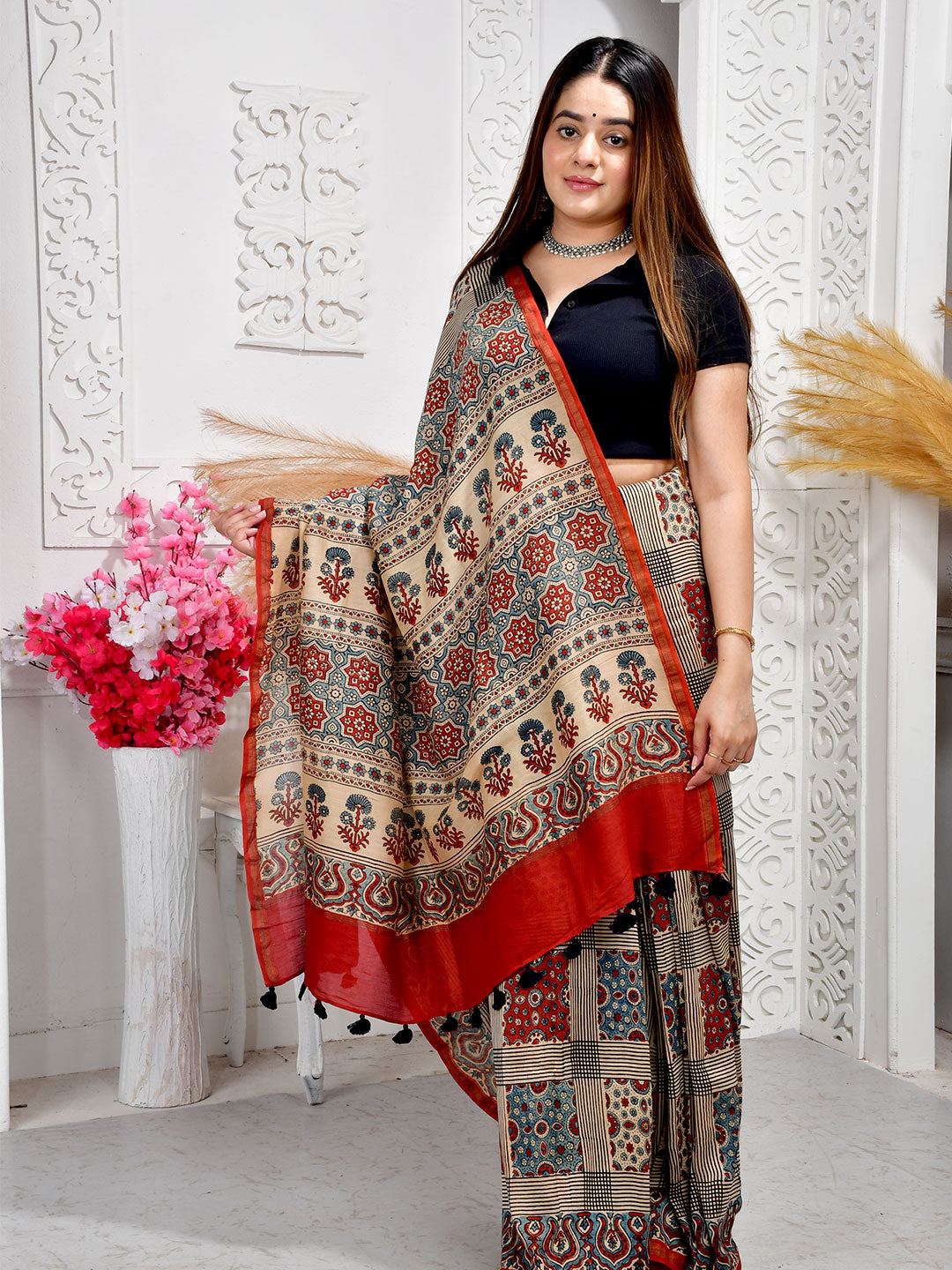 Ajrakh Hand Block Print Chanderi silk saree