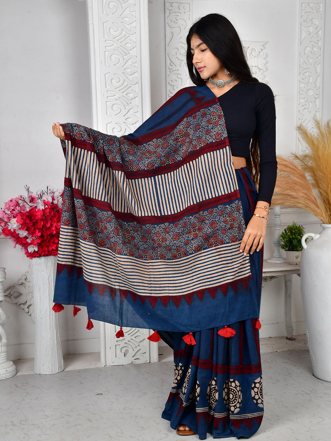 Ajrakh Hand Block Print Mul Cotton saree