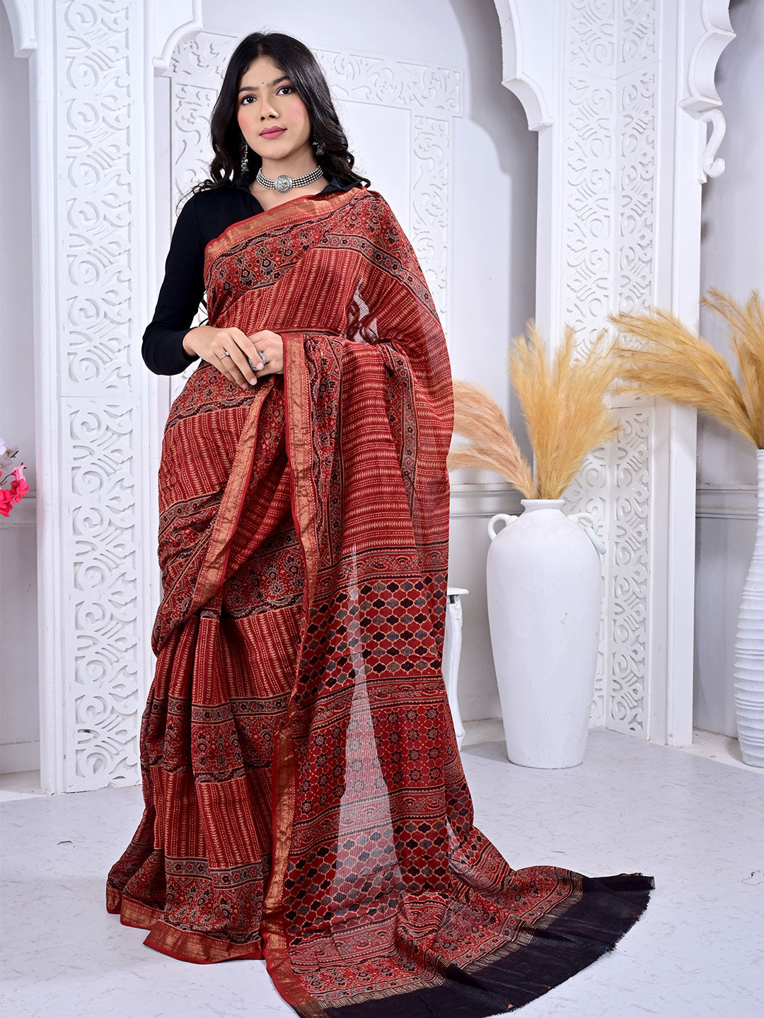 Ajrakh Hand Block Print Maheshwari silk saree