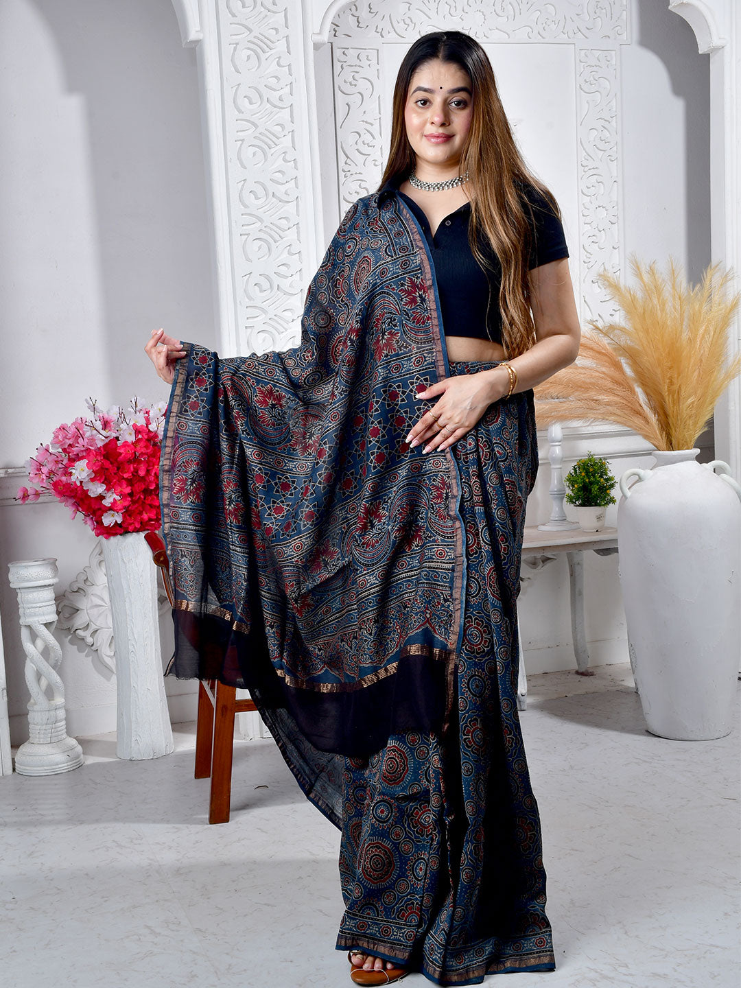 Ajrakh Hand Block Print Chanderi silk saree