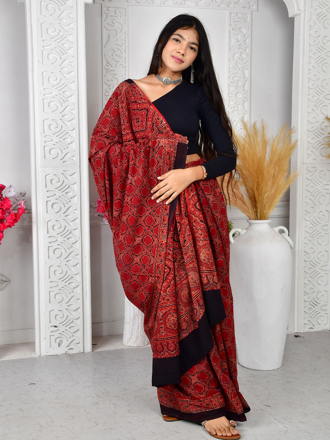 Ajrakh Hand Block Print Mul Cotton saree