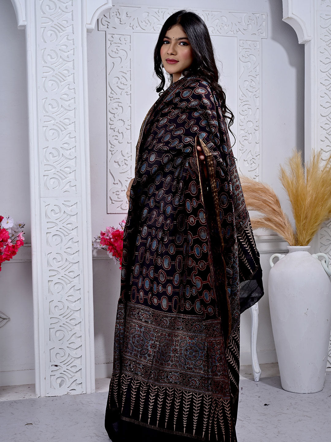 Ajrakh Hand Block Print Maheshwari silk Dupatta