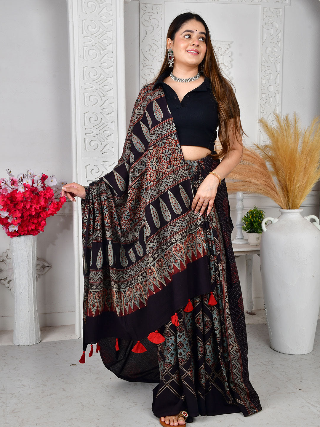 Ajrakh Hand Block Print Mul Cotton saree