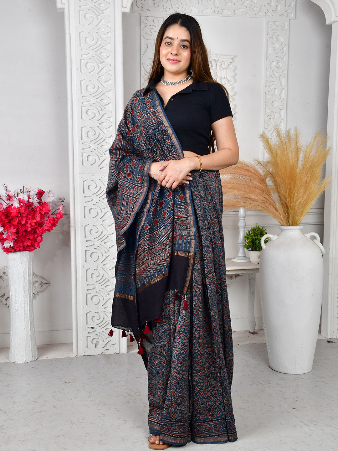 Ajrakh Hand Block Print Chanderi silk saree