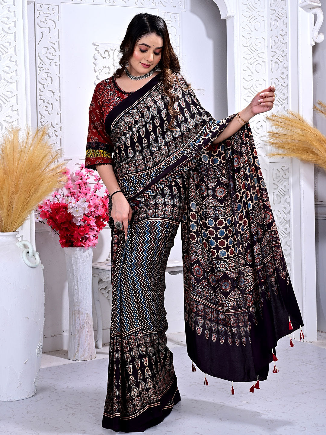 Ajrakh Hand Block Print Modal silk saree