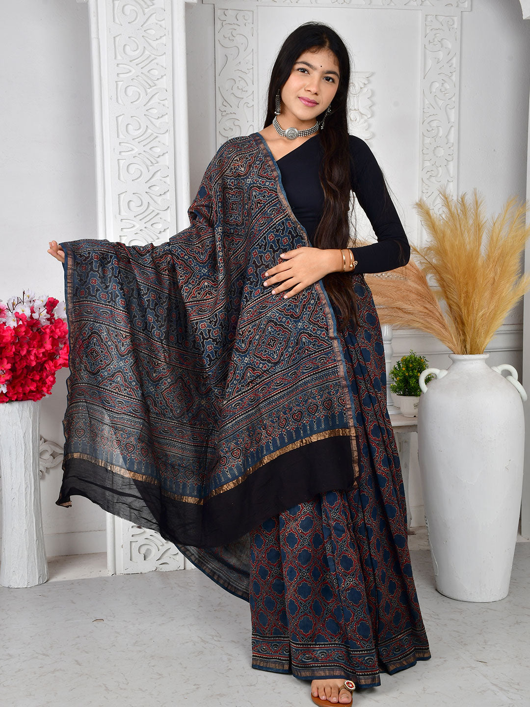 Ajrakh Hand Block Print Chanderi silk saree