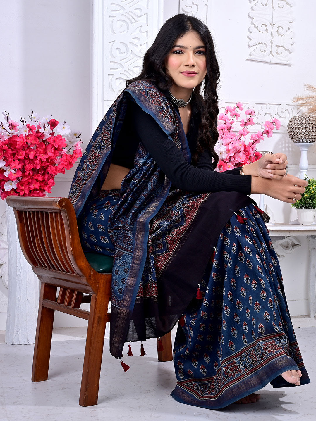 Ajrakh Hand Block Print Maheshwari silk saree