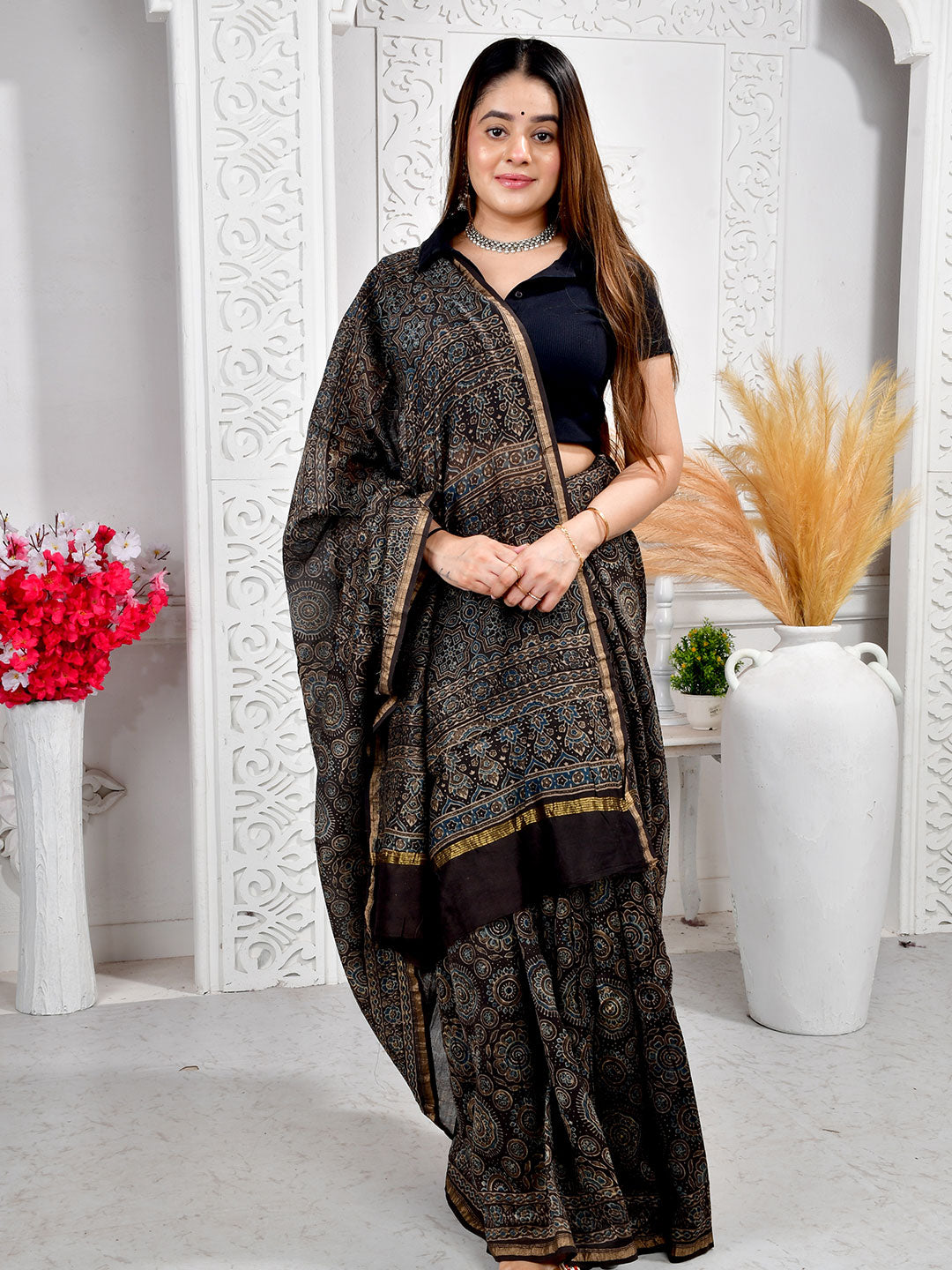 Ajrakh Hand Block Print Chanderi silk saree