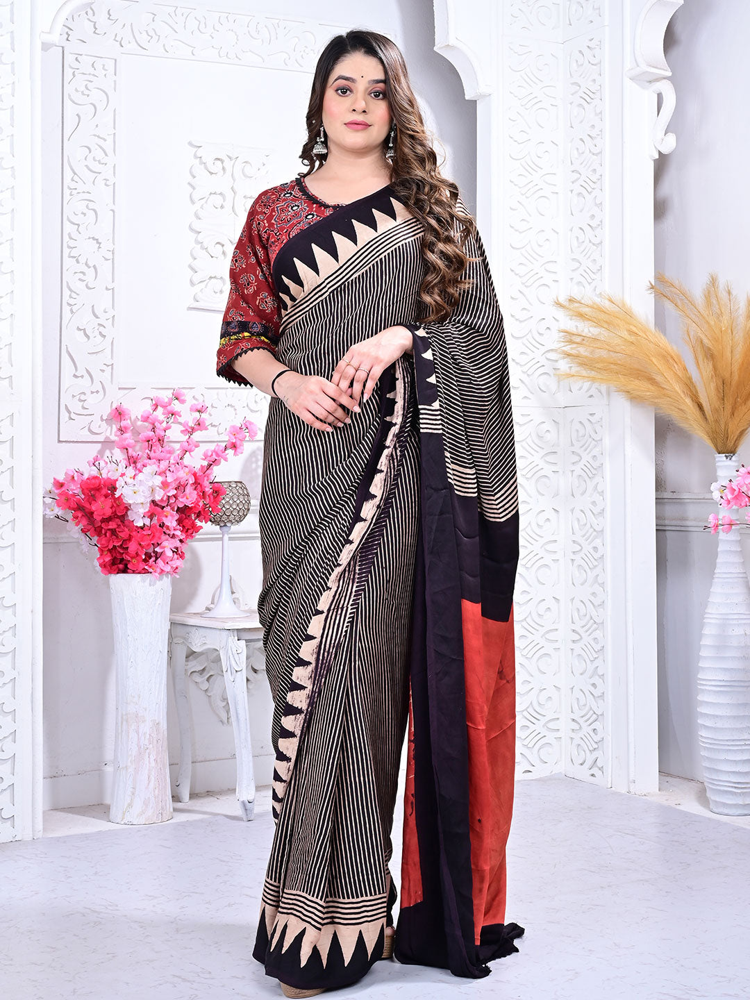 Ajrakh Hand Block Print Modal silk saree