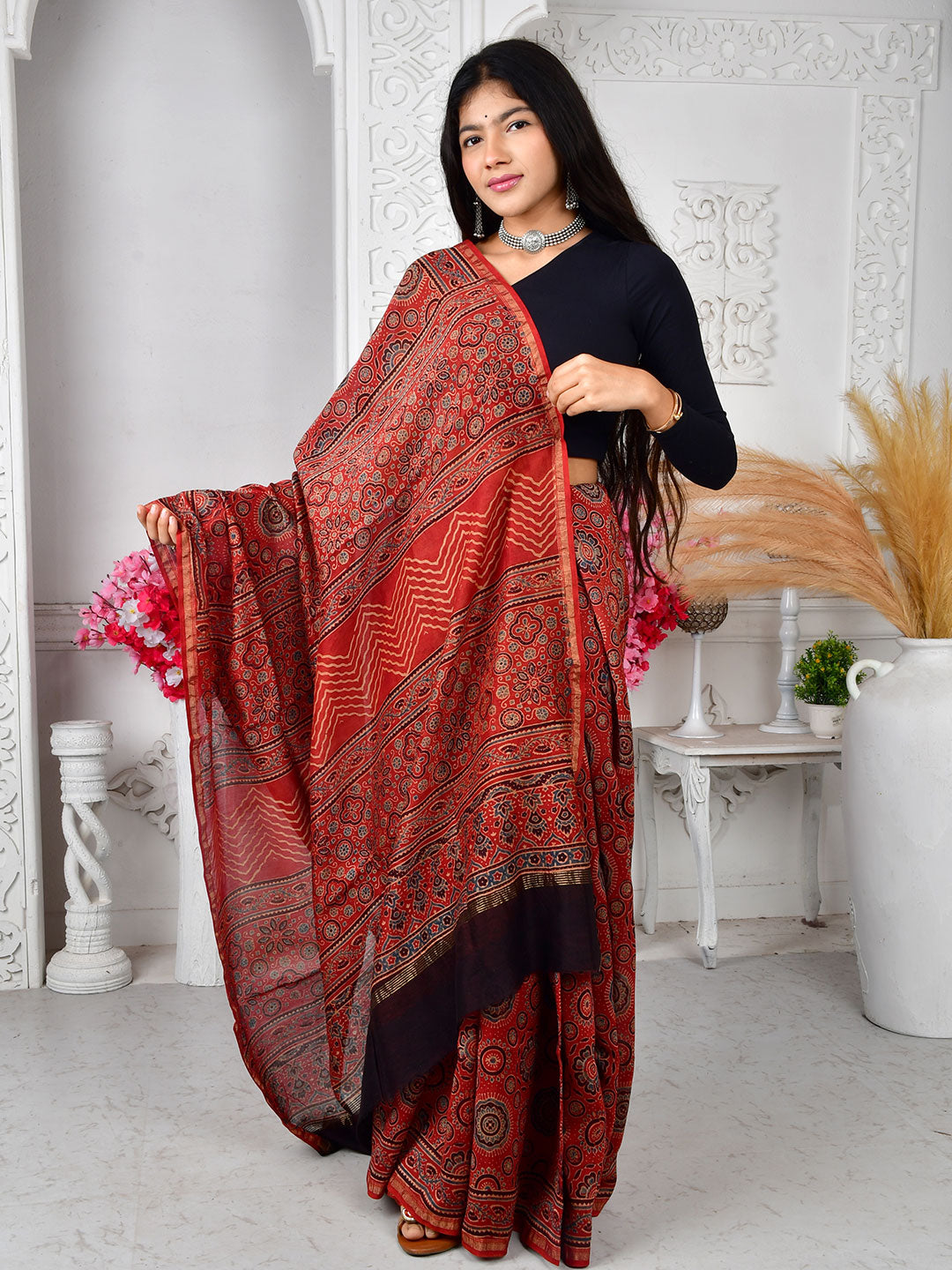 Ajrakh Hand Block Print Chanderi silk saree