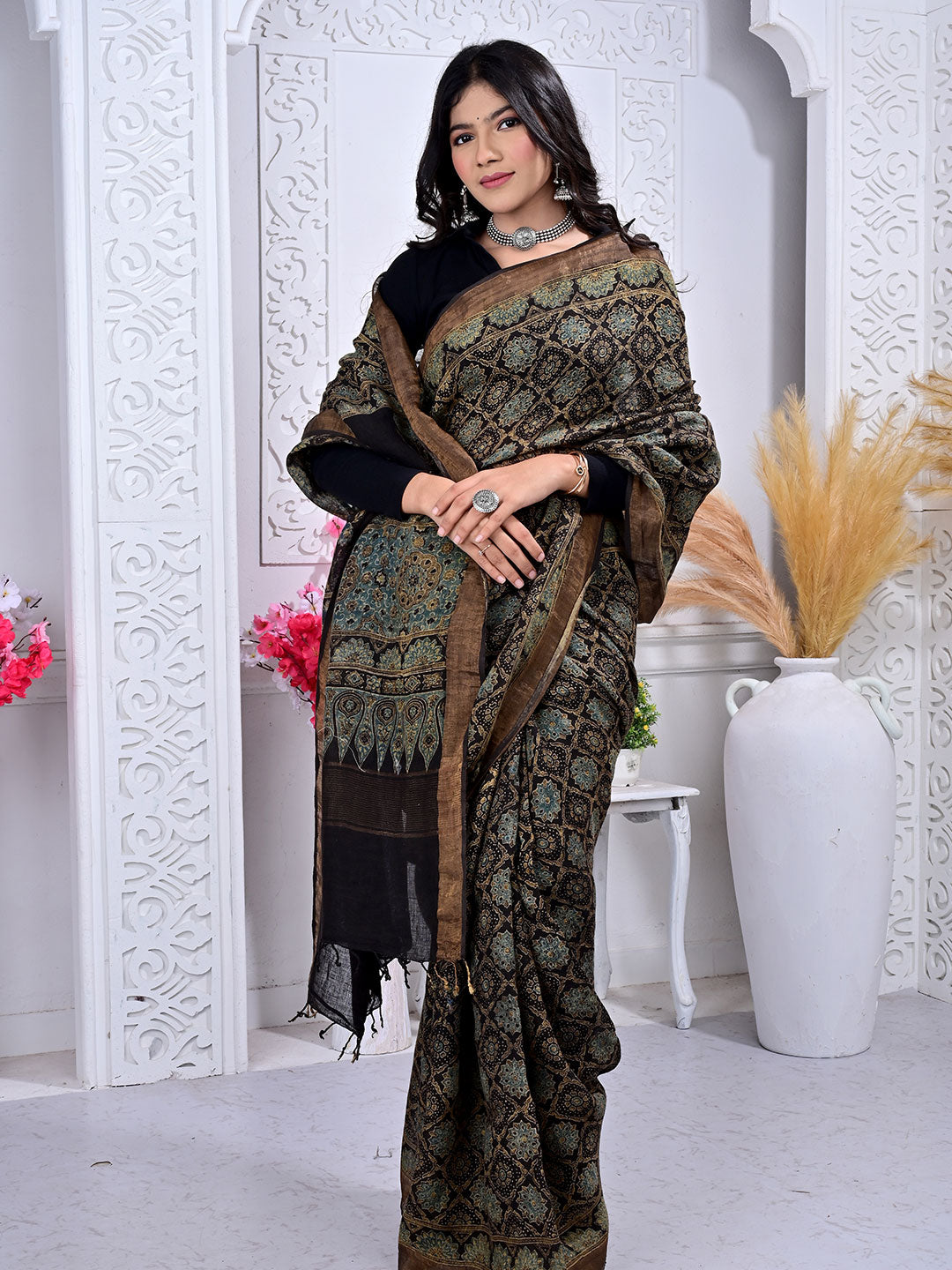 Ajrakh Hand Block Print Linen saree