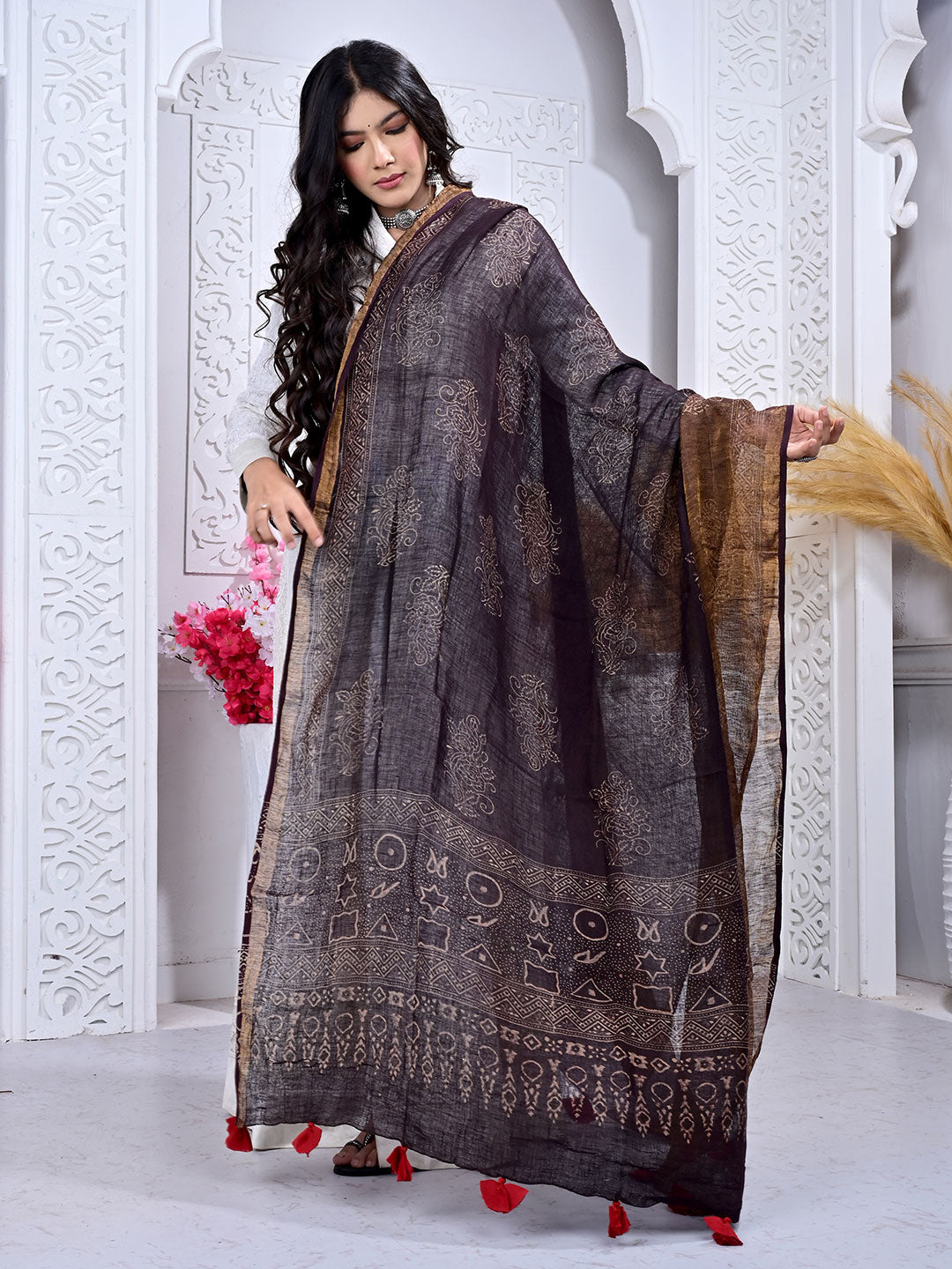 Ajrakh Hand Block Print Linen Dupatta