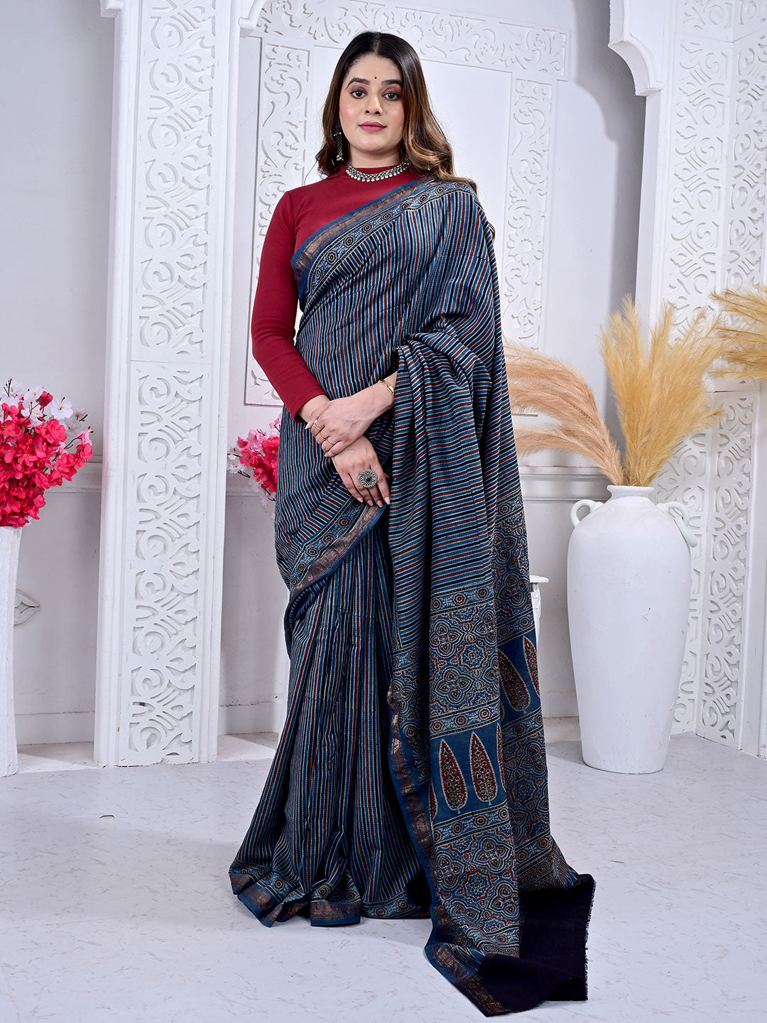 Ajrakh Hand Block Print Maheshwari silk saree