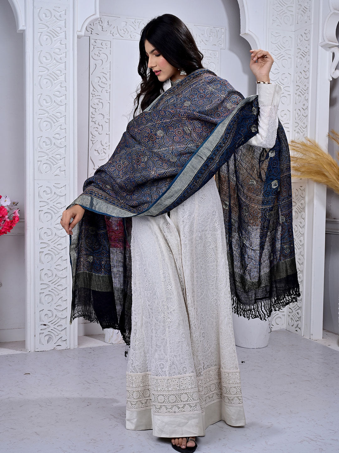 Ajrakh Hand Block Print Linen Dupatta