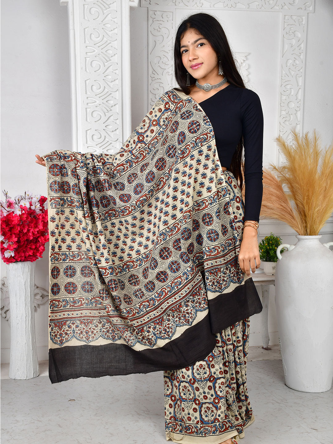 Ajrakh Hand Block Print Mul Cotton saree