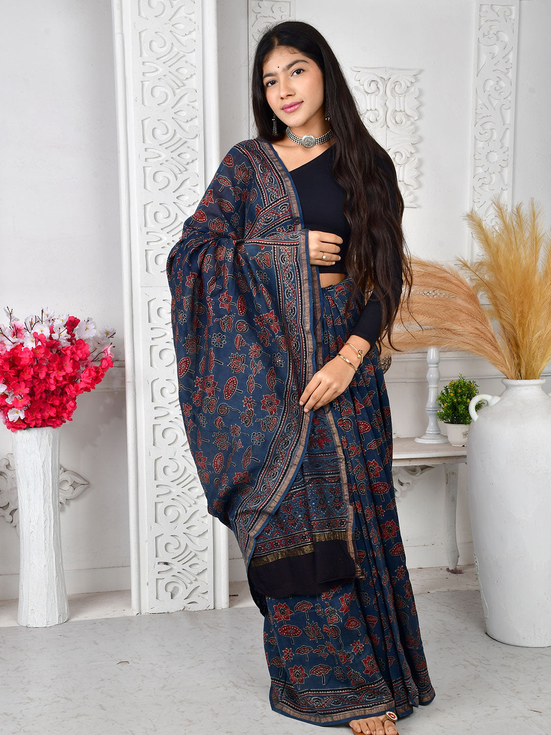 Ajrakh Hand Block Print Chanderi silk saree