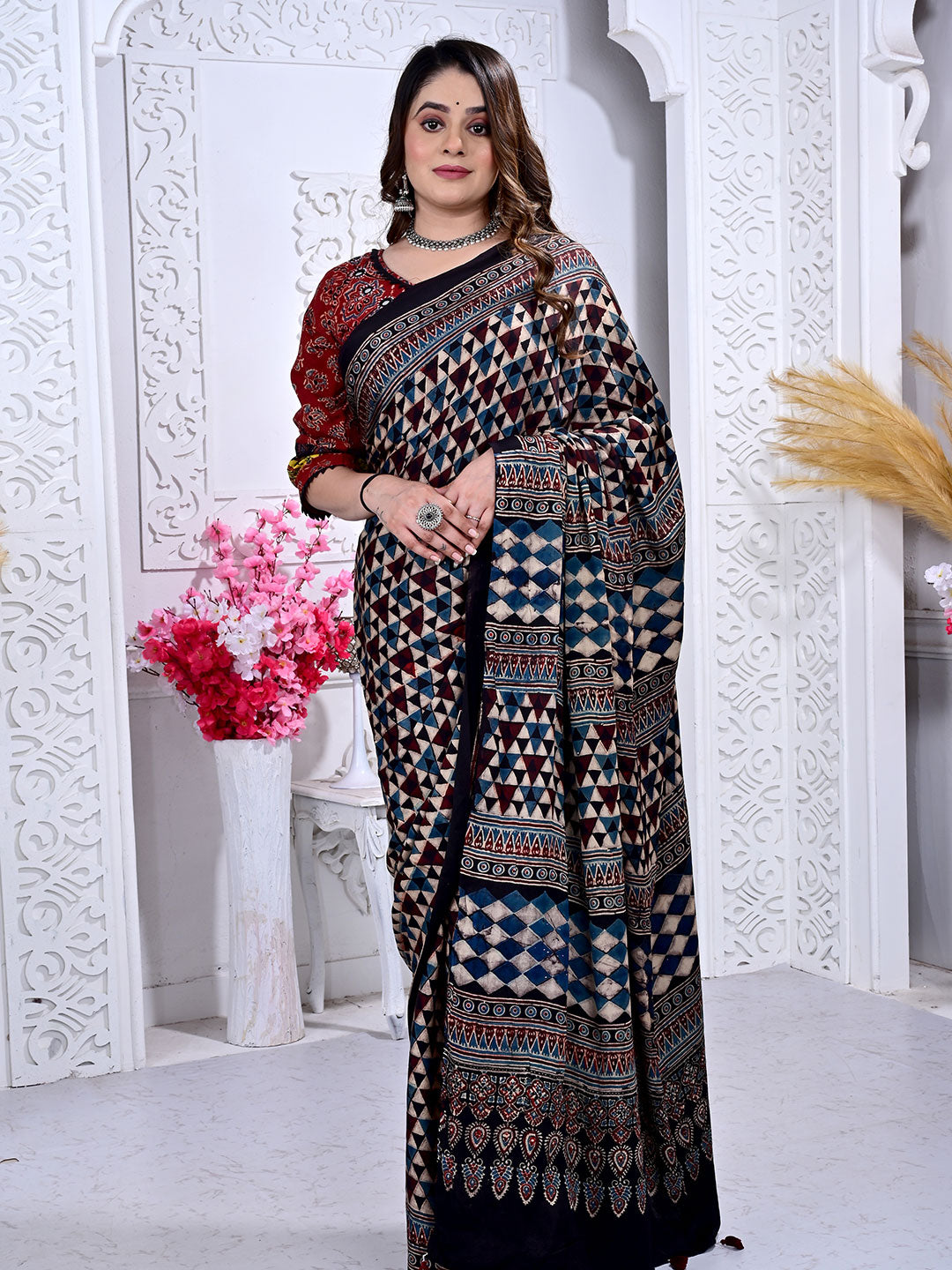 Ajrakh Hand Block Print Modal silk saree