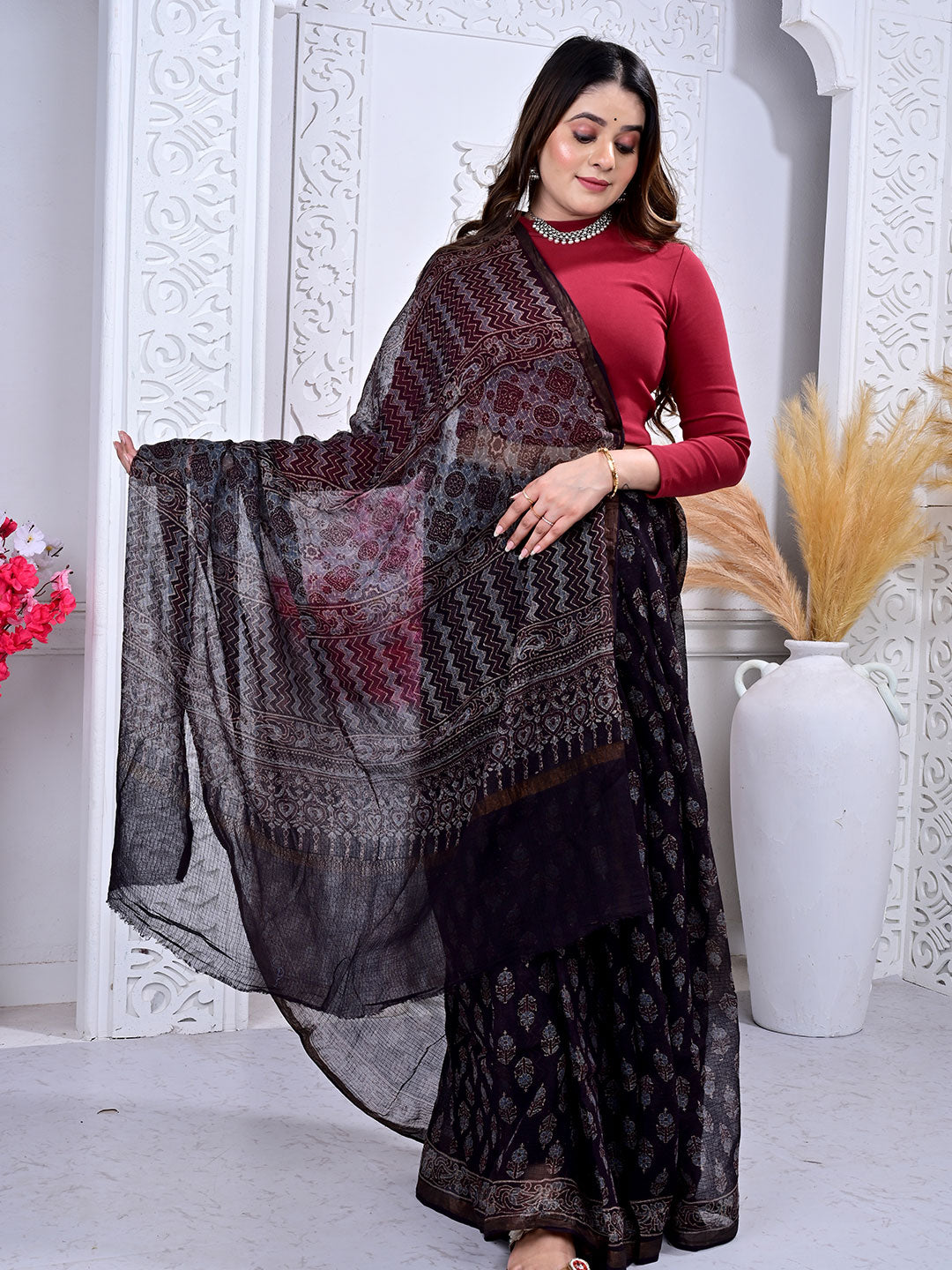 Ajrakh Hand Block Print Kota Cotton saree