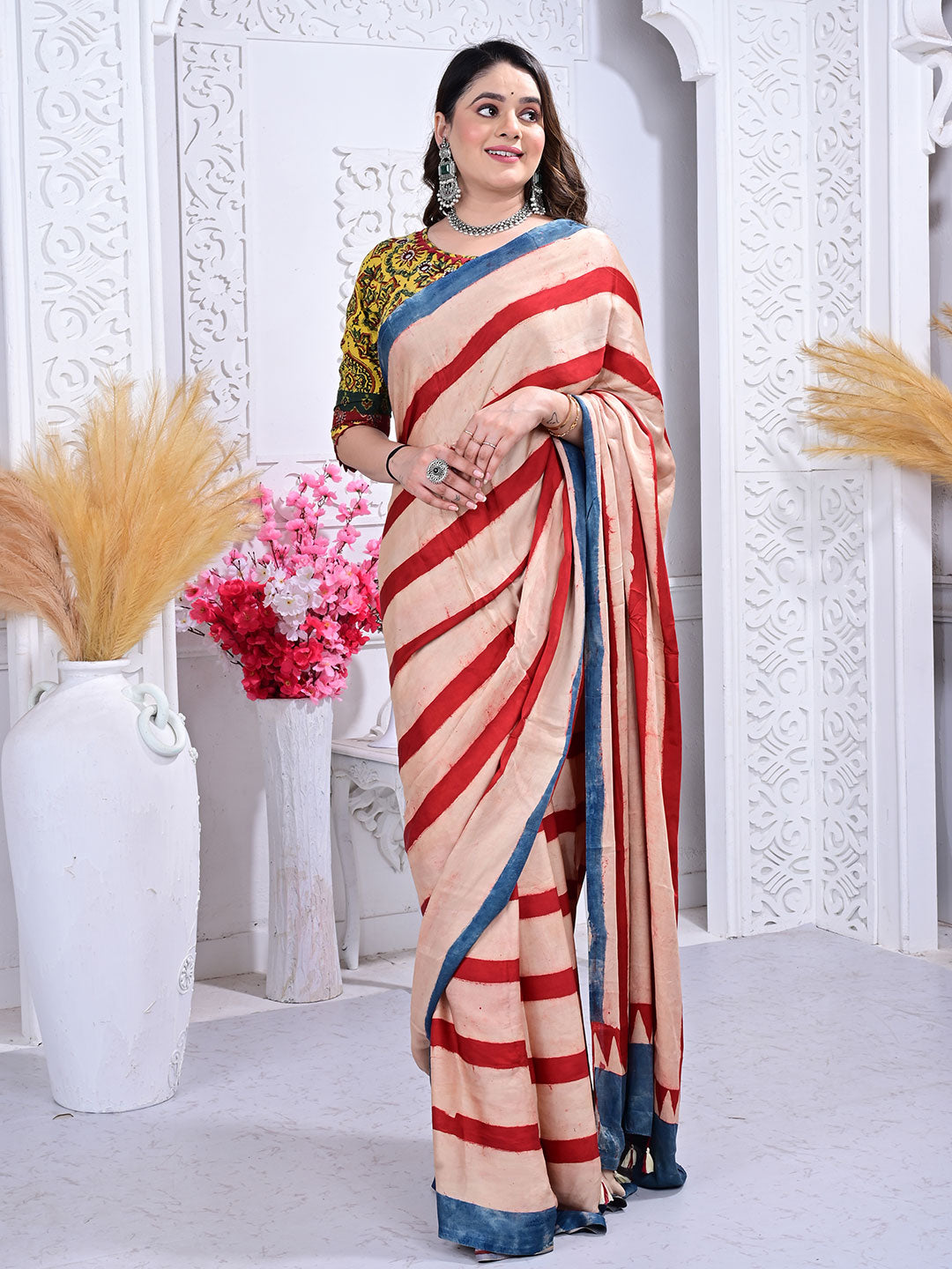 Ajrakh Hand Block Print Modal silk saree