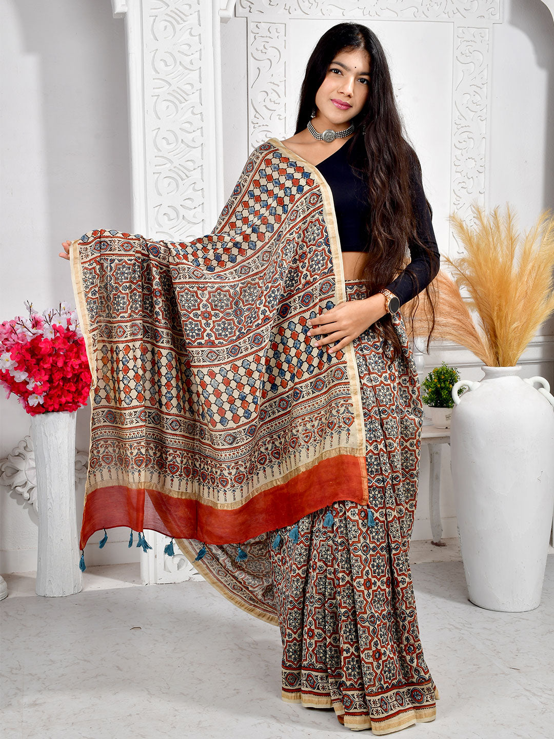 Ajrakh Hand Block Print Chanderi silk saree