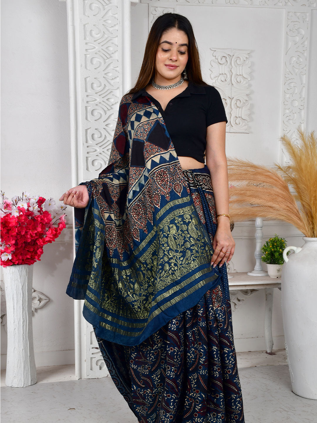 Ajrakh Hand Block Print Modal silk saree