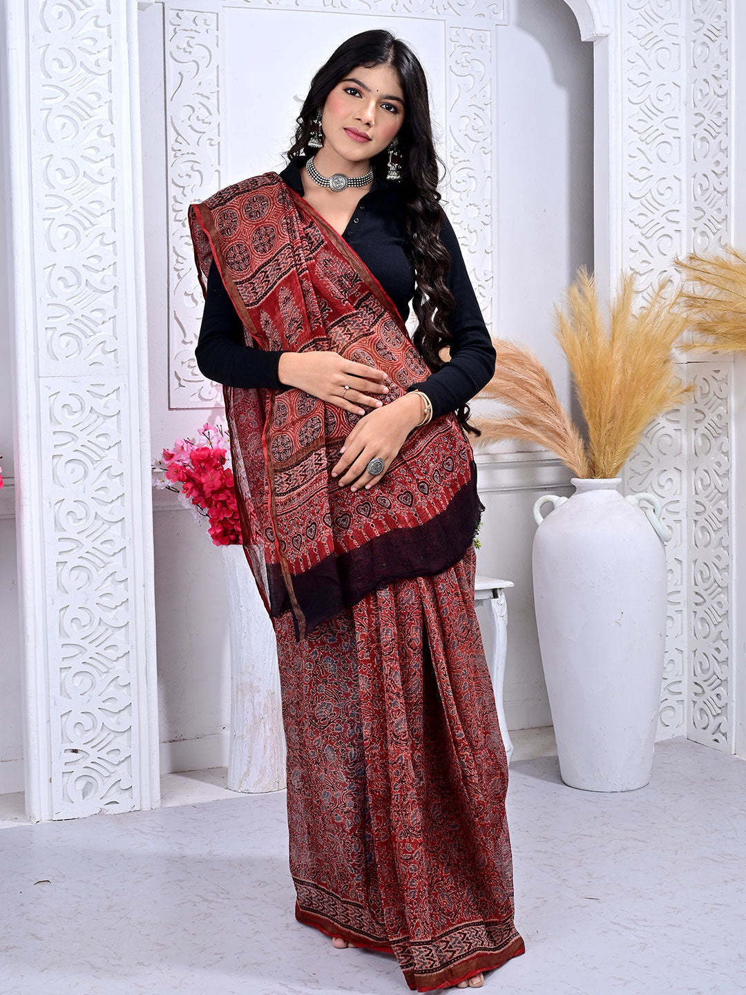 Ajrakh Hand Block Print Kota Cotton saree