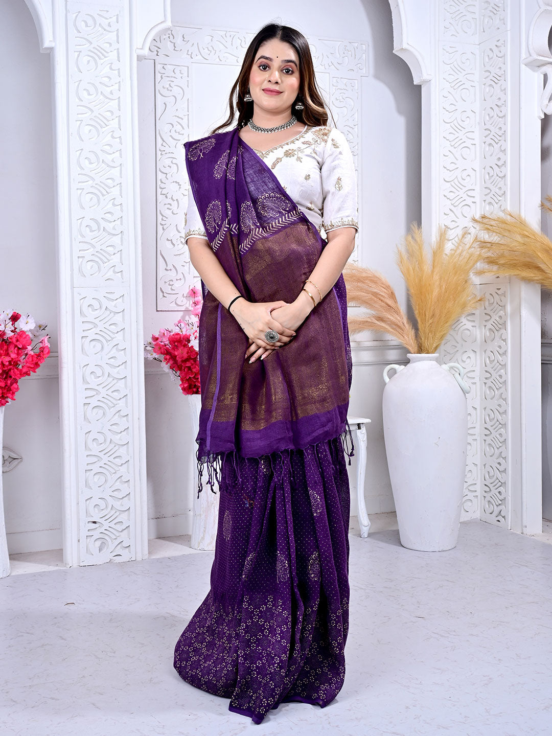 Ajrakh Hand Block Print Linen saree