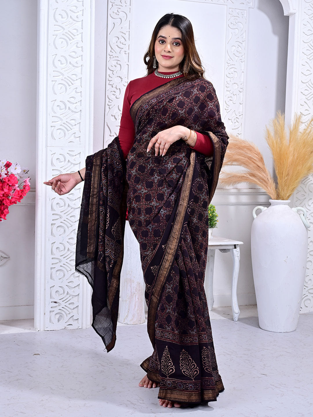 Ajrakh Hand Block Print Maheshwari silk saree