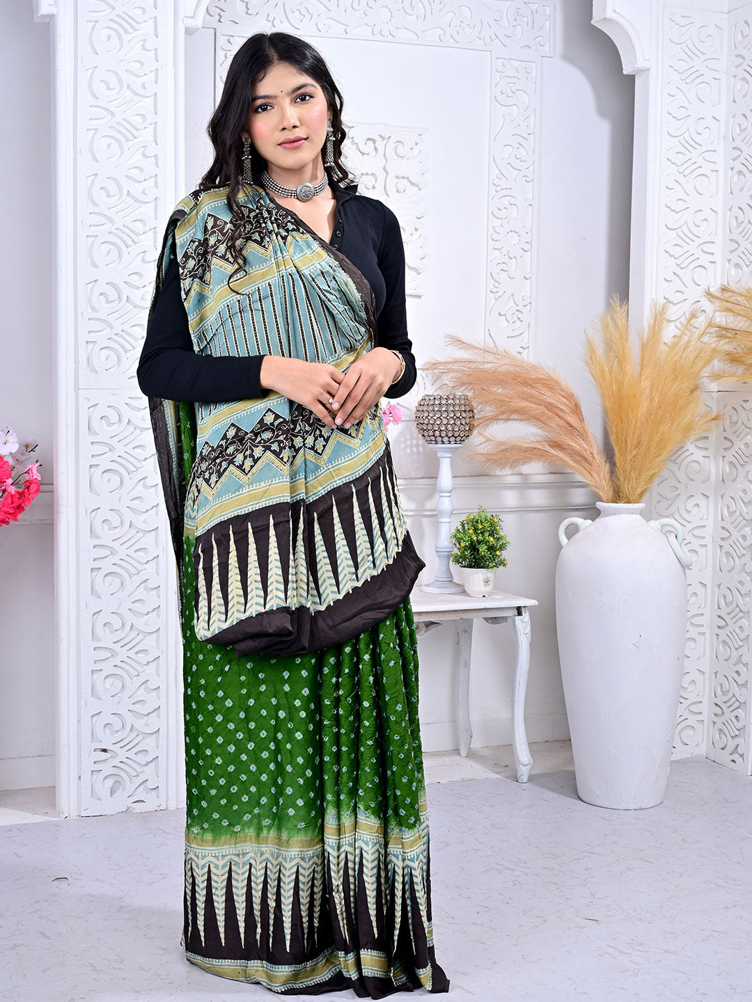 Ajrakh Hand Block Print Bandhej saree