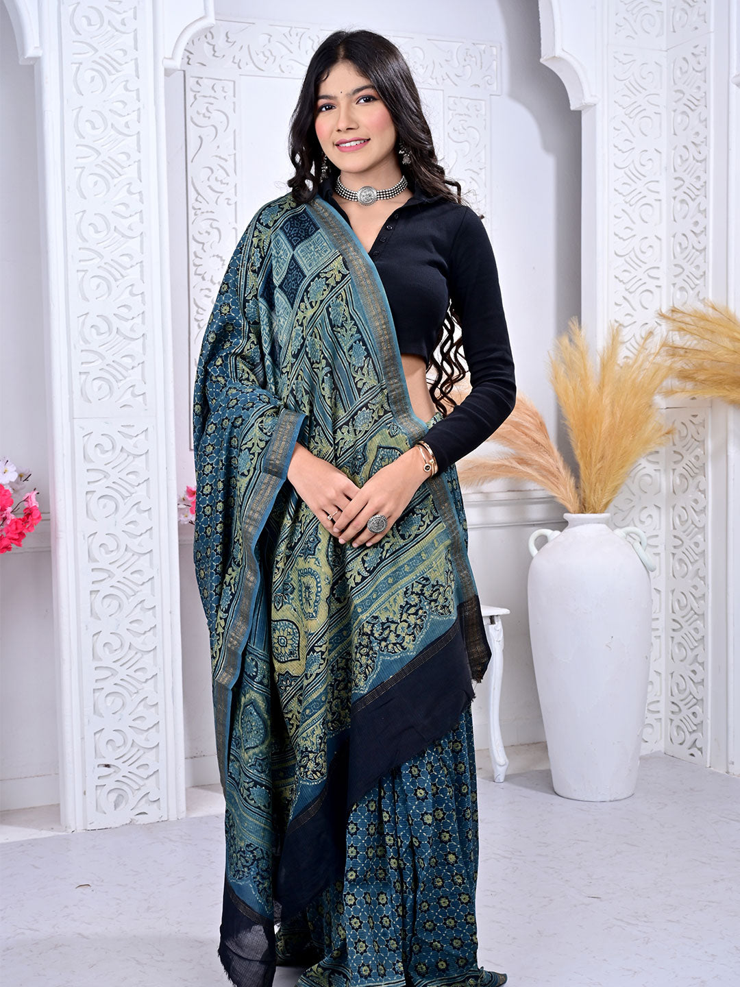 Ajrakh Hand Block Print Maheshwari silk saree