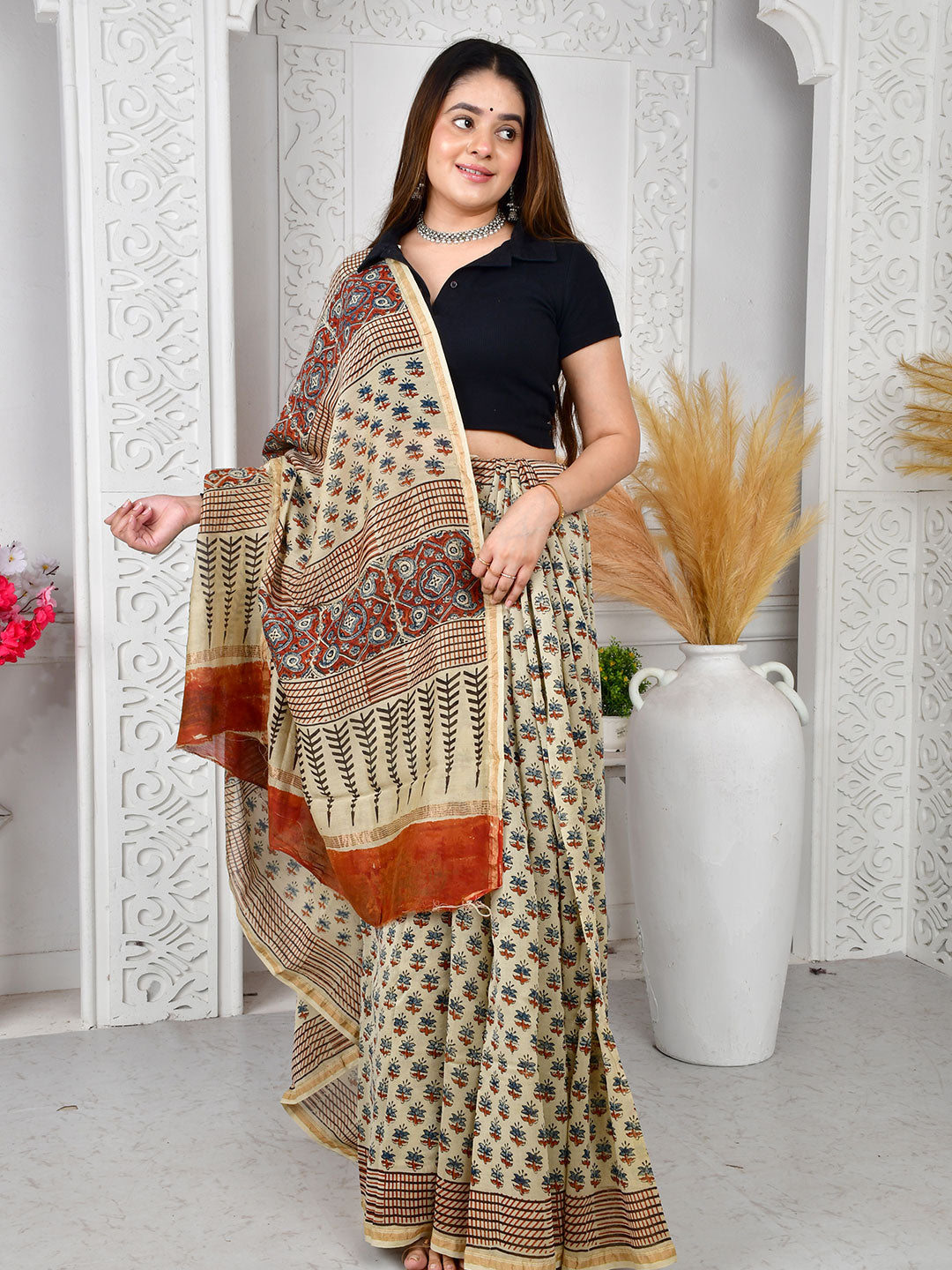 Ajrakh Hand Block Print Chanderi silk saree