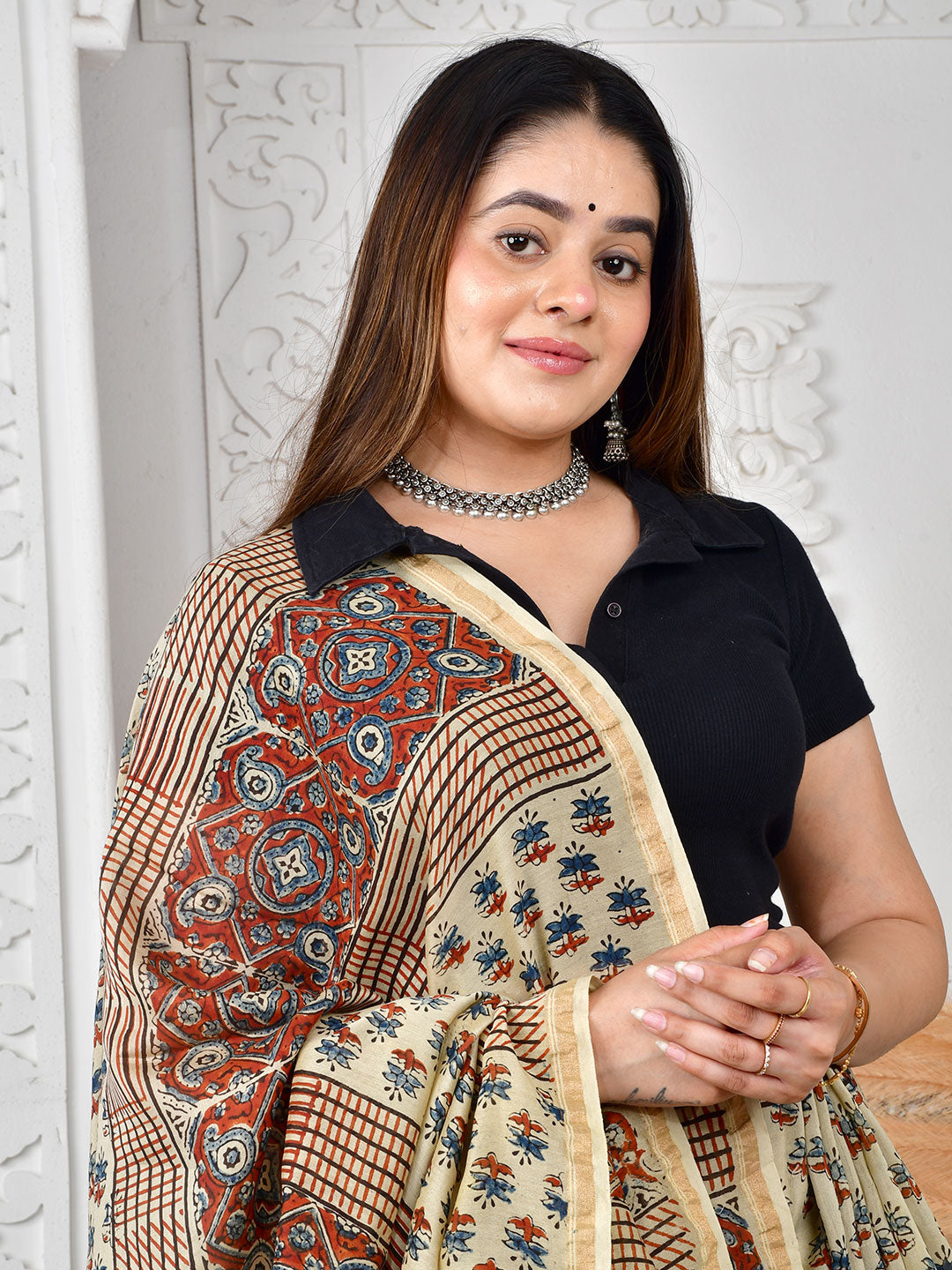 Ajrakh Hand Block Print Chanderi silk saree