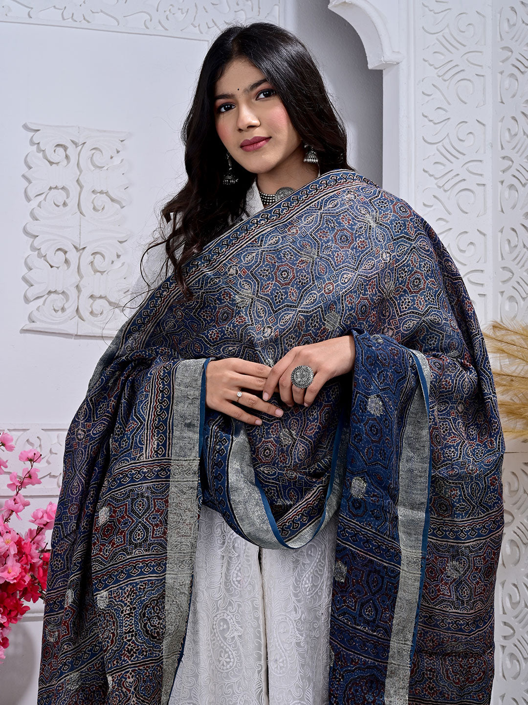 Ajrakh Hand Block Print Linen Dupatta