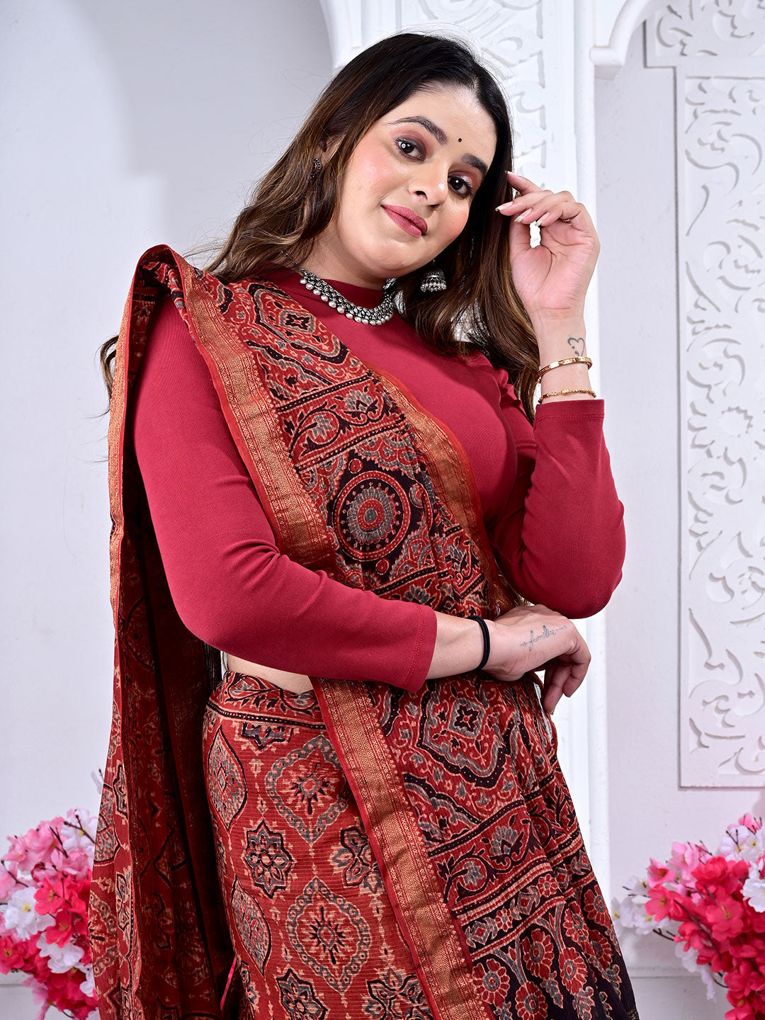 Ajrakh Hand Block Print Maheshwari silk saree