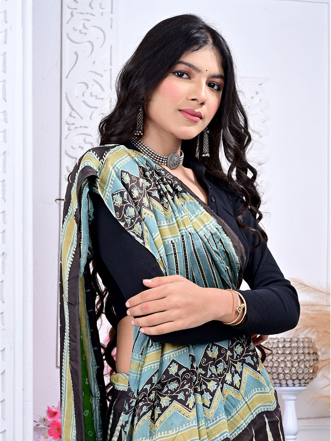 Ajrakh Hand Block Print Bandhej saree