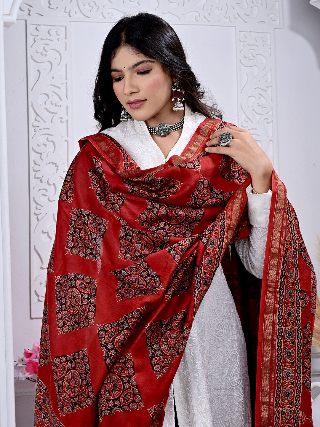 Ajrakh Hand Block Print Maheshwari silk Dupatta