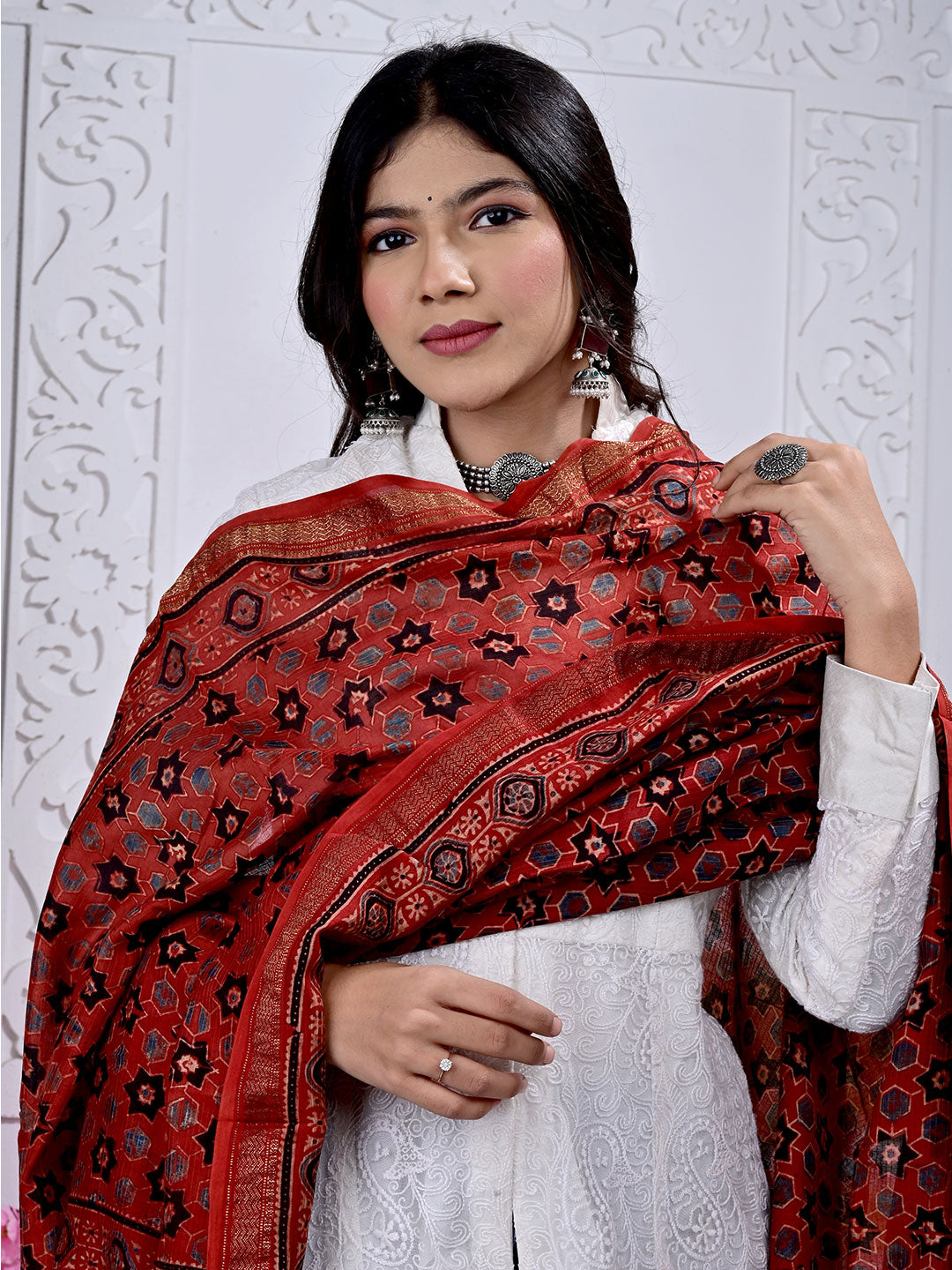 Ajrakh Hand Block Print Maheshwari silk Dupatta