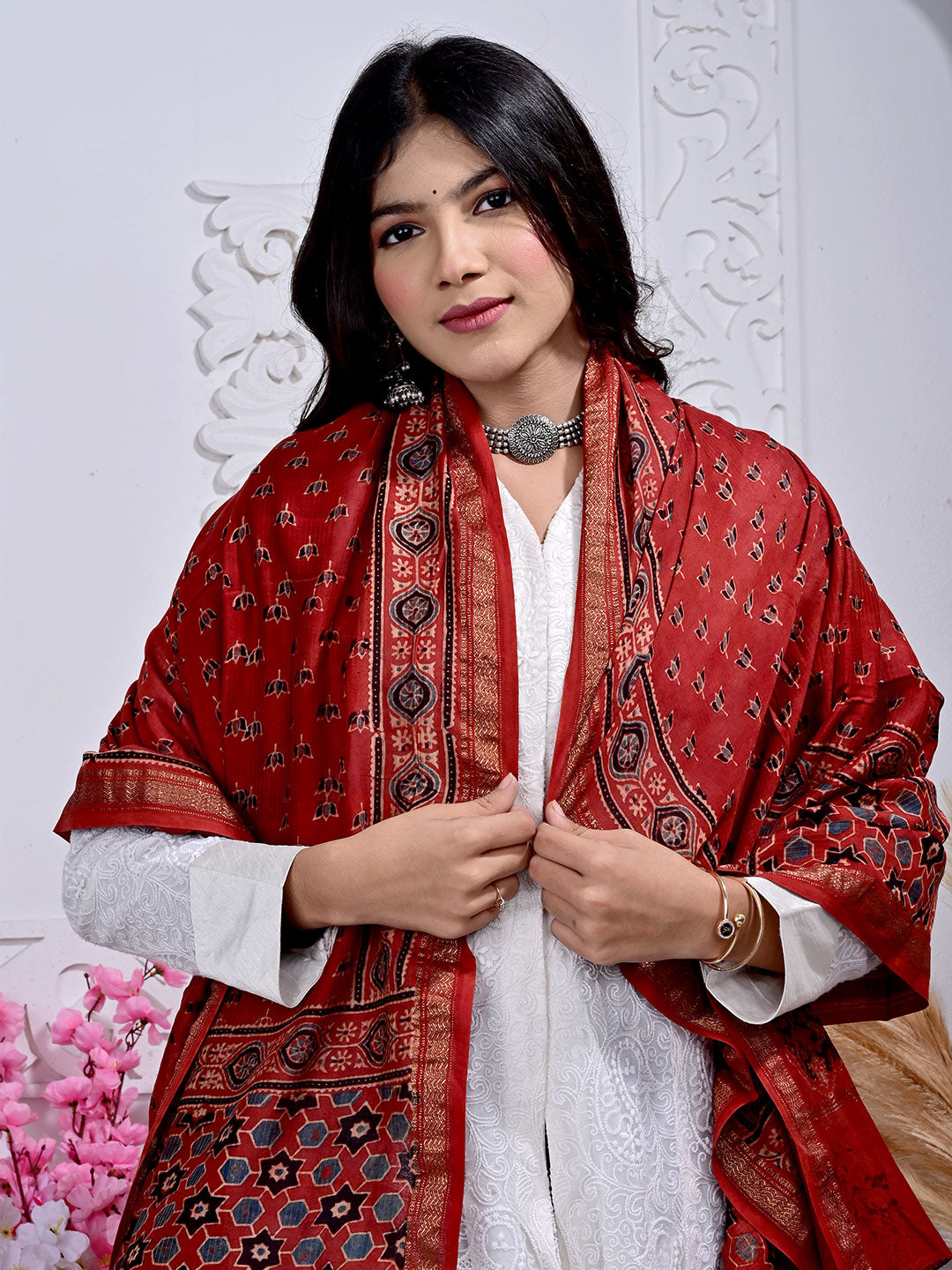 Ajrakh Hand Block Print Maheshwari silk Dupatta