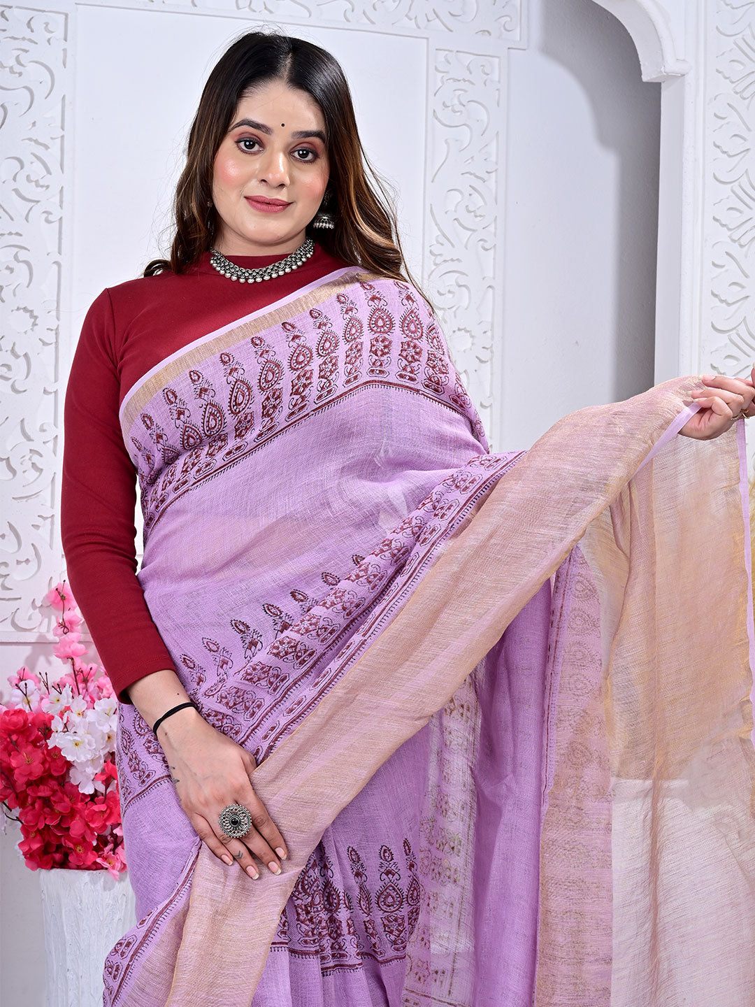 Ajrakh Hand Block Print Linen saree