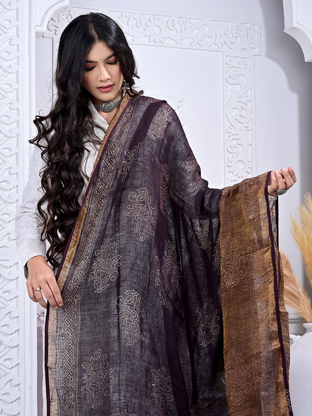 Ajrakh Hand Block Print Linen Dupatta