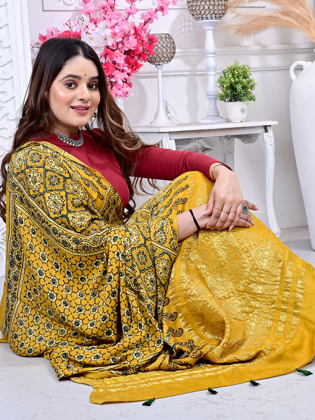 Ajrakh Hand Block Print Modal silk saree